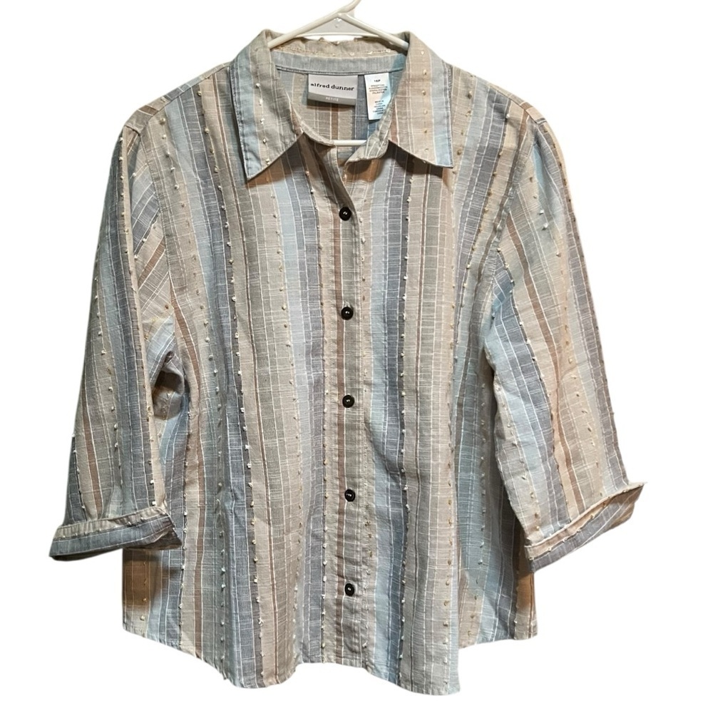 Alfred Dunner Women's Size 16 Petite Button Down Blouse Pink Blue Tan Stripes